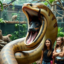 A large python is depicted in a zoo exhibit, in the process of swallowing a terrified Doberman alive
