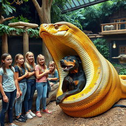 A large python is depicted in a zoo exhibit, in the process of swallowing a terrified Doberman alive