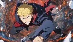 A Jujutsu Kaisen-style anime scene depicting a human trespasser in the celestial domain of the gods.