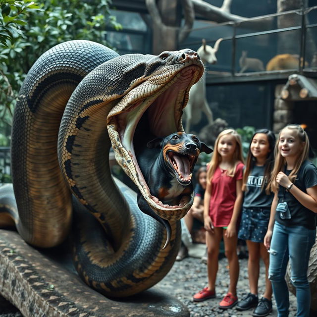 A large python is depicted in a zoo exhibit, in the process of swallowing a terrified Doberman alive