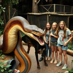 A large python is depicted in a zoo exhibit, in the process of swallowing a terrified Doberman alive