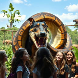 A colossal python is depicted consuming a terrified Doberman alive in a zoo exhibit