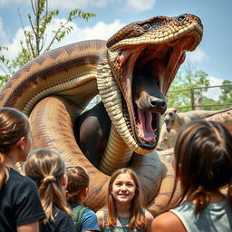 A colossal python is depicted consuming a terrified Doberman alive in a zoo exhibit