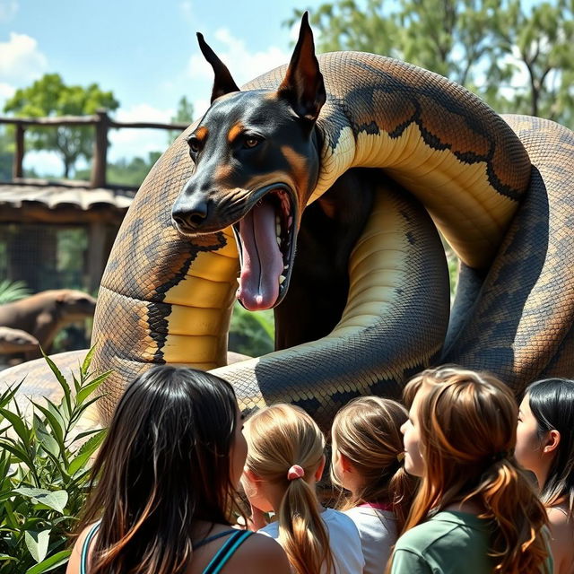 A colossal python is depicted consuming a terrified Doberman alive in a zoo exhibit