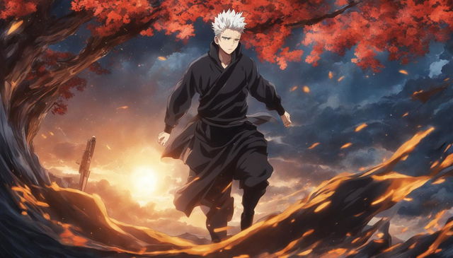 A Jujutsu Kaisen-style anime scene depicting a human trespasser in the celestial domain of the gods.