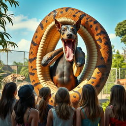 A colossal python is depicted consuming a terrified Doberman alive in a zoo exhibit