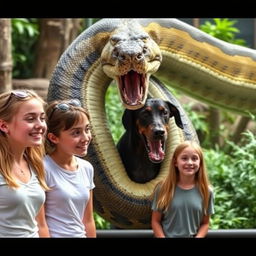 A massive python is depicted in the act of consuming a terrified Doberman alive within a zoo exhibit