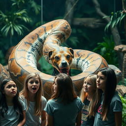 A massive python is depicted in the act of consuming a terrified Doberman alive within a zoo exhibit