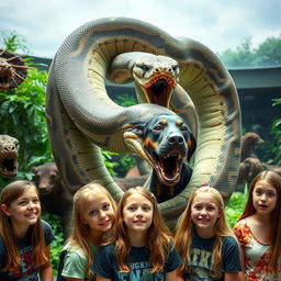 A massive python is depicted in the act of consuming a terrified Doberman alive within a zoo exhibit
