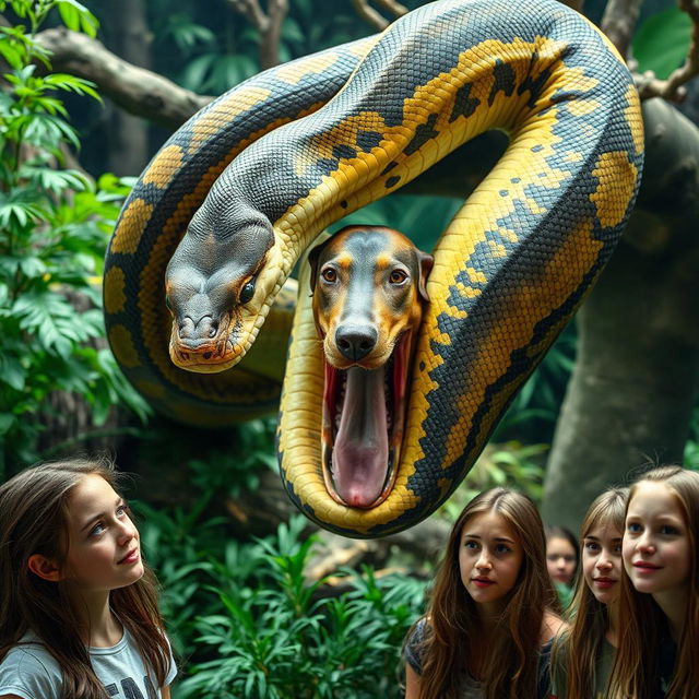 A massive python is depicted in the act of consuming a terrified Doberman alive within a zoo exhibit