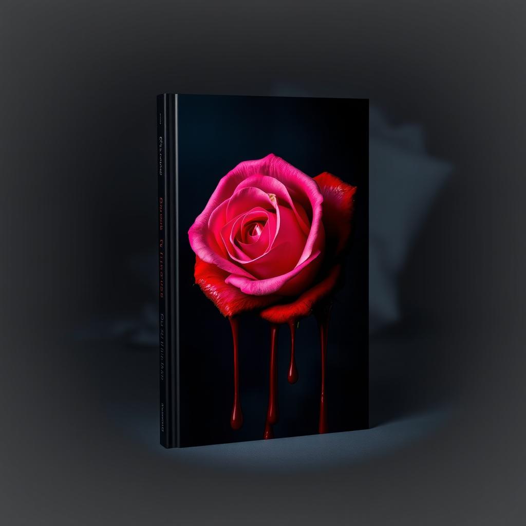 A striking book cover featuring a beautifully detailed pink rose that appears to be dripping with vibrant red blood