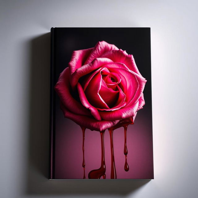 A striking book cover featuring a beautifully detailed pink rose that appears to be dripping with vibrant red blood