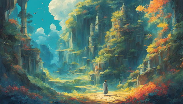 A Studio Ghibli-style abstract artwork depicting a human trespasser in the divine realm of the gods.