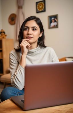 A woman sitting in front of a laptop, embodying a sense of determination and hope