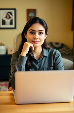 A woman sitting in front of a laptop, embodying a sense of determination and hope