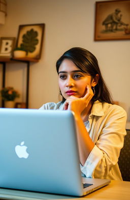 A woman sitting in front of a laptop, embodying a sense of determination and hope