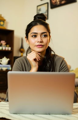 A woman sitting in front of a laptop, embodying a sense of determination and hope