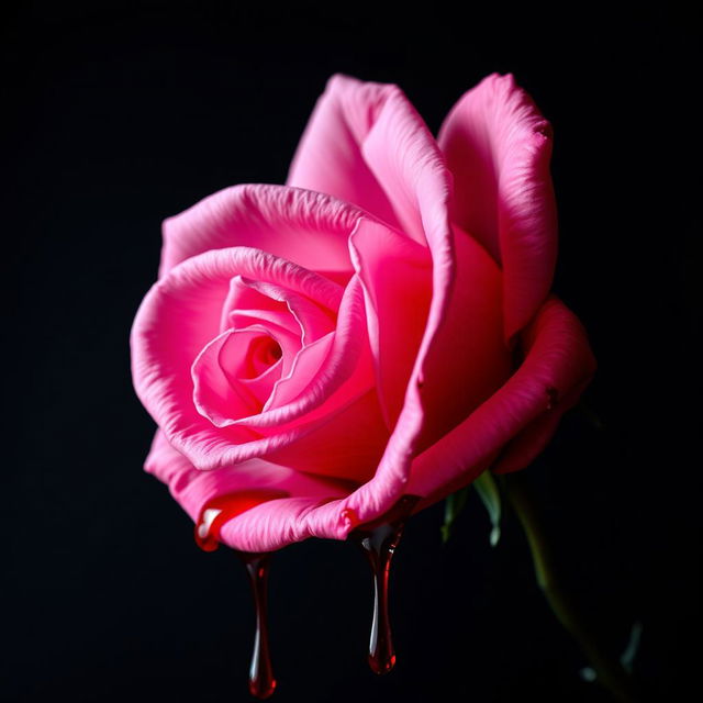 A striking book cover featuring a beautifully detailed pink rose that drips with vibrant red blood