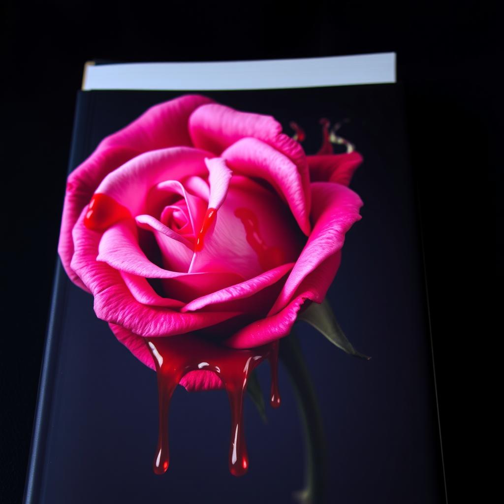 A striking book cover featuring a beautifully detailed pink rose that drips with vibrant red blood