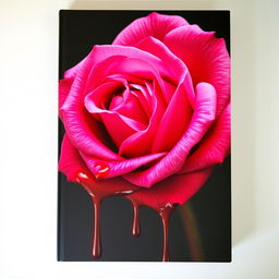A striking book cover featuring a beautifully detailed pink rose that drips with vibrant red blood