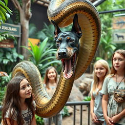 In a vibrant zoo exhibit, a gigantic python is shown devouring a terrified Doberman alive