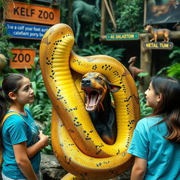 In a vibrant zoo exhibit, a gigantic python is shown devouring a terrified Doberman alive