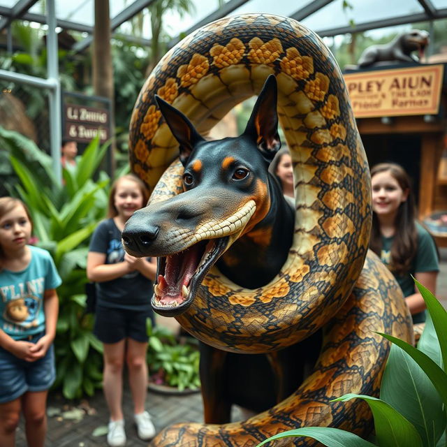 In a vibrant zoo exhibit, a gigantic python is shown devouring a terrified Doberman alive