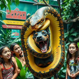 In a vibrant zoo exhibit, a gigantic python is shown devouring a terrified Doberman alive