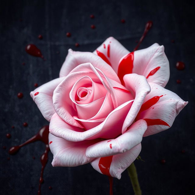 A captivating book cover featuring a light pink rose that is artistically splattered with vivid red blood