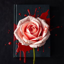A captivating book cover featuring a light pink rose that is artistically splattered with vivid red blood