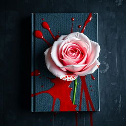 A captivating book cover featuring a light pink rose that is artistically splattered with vivid red blood