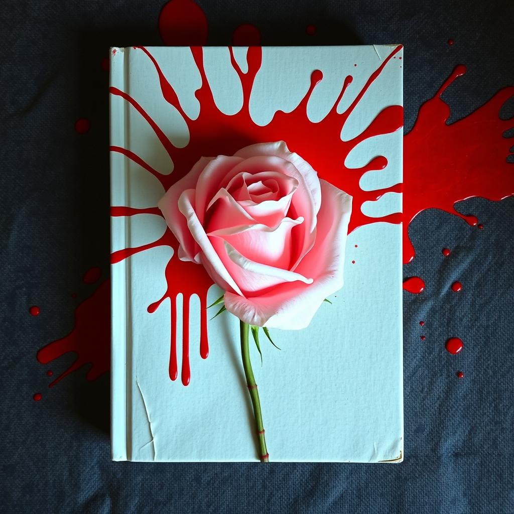 A captivating book cover featuring a light pink rose that is artistically splattered with vivid red blood