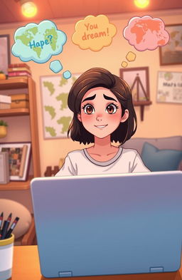 An animation scene depicting a determined young woman sitting in front of a laptop, surrounded by a cozy, modest room that reflects a simple lifestyle