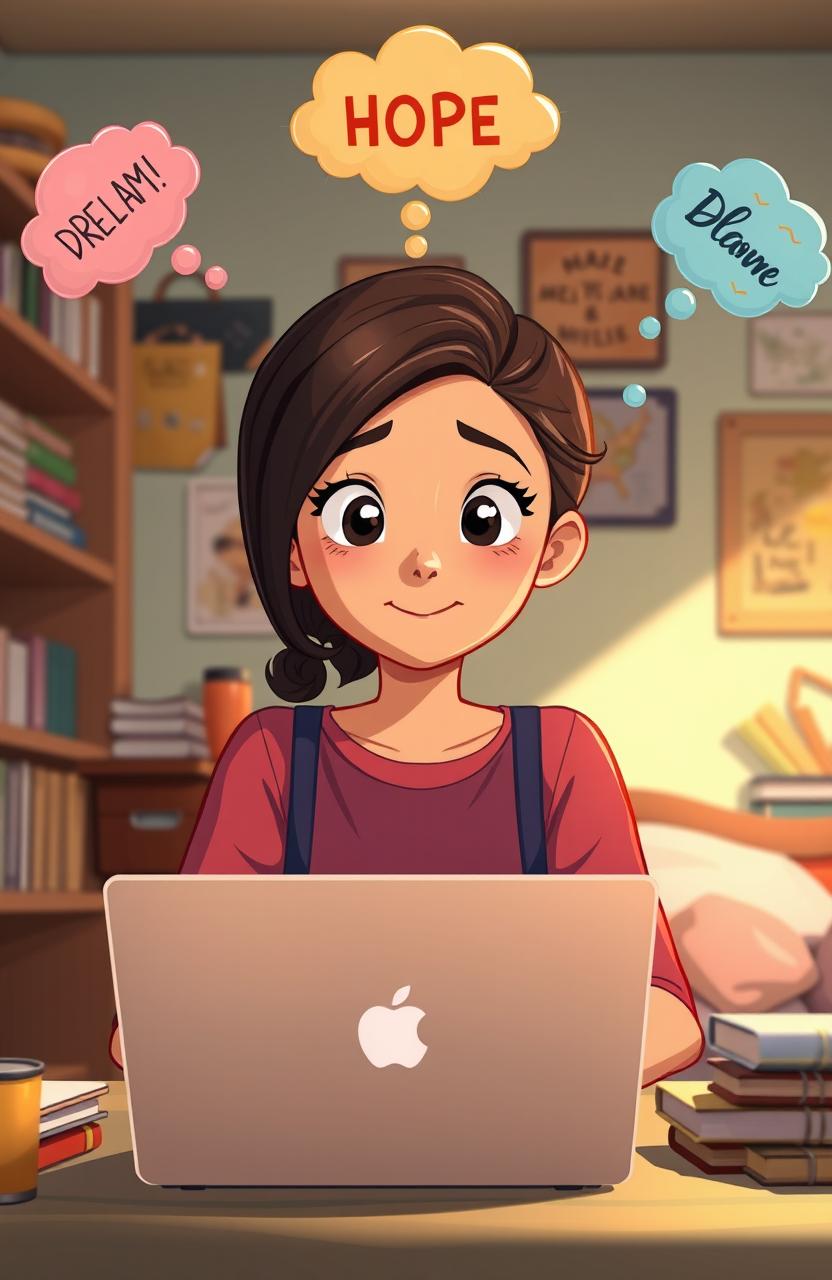 An animation scene depicting a determined young woman sitting in front of a laptop, surrounded by a cozy, modest room that reflects a simple lifestyle