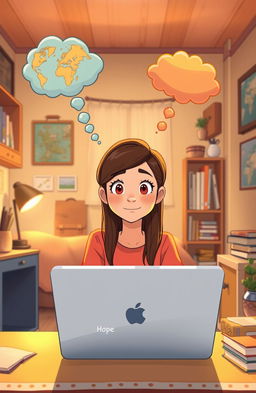 An animation scene depicting a determined young woman sitting in front of a laptop, surrounded by a cozy, modest room that reflects a simple lifestyle