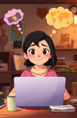 An animation scene depicting a determined young woman sitting in front of a laptop, surrounded by a cozy, modest room that reflects a simple lifestyle