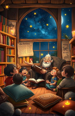 A whimsical and enchanting scene depicting a storyteller in a cozy, candlelit room filled with colorful books on wooden shelves