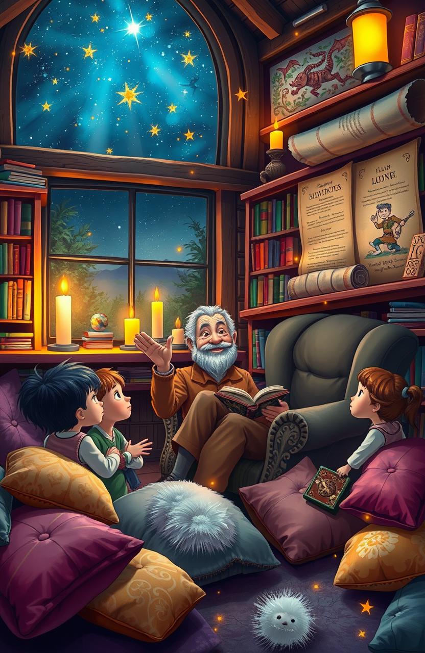 A whimsical and enchanting scene depicting a storyteller in a cozy, candlelit room filled with colorful books on wooden shelves