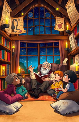 A whimsical and enchanting scene depicting a storyteller in a cozy, candlelit room filled with colorful books on wooden shelves