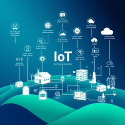 An informative and visually appealing depiction of IoT (Internet of Things) protocols, featuring a digital landscape connecting various devices like smart homes, wearables, and industrial machinery