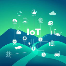 An informative and visually appealing depiction of IoT (Internet of Things) protocols, featuring a digital landscape connecting various devices like smart homes, wearables, and industrial machinery