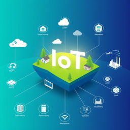 An informative and visually appealing depiction of IoT (Internet of Things) protocols, featuring a digital landscape connecting various devices like smart homes, wearables, and industrial machinery