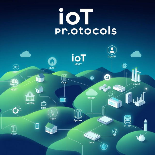 An informative and visually appealing depiction of IoT (Internet of Things) protocols, featuring a digital landscape connecting various devices like smart homes, wearables, and industrial machinery