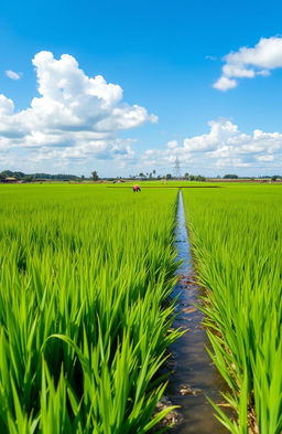 A lush, green rice paddy field reflecting the Program Percepatan Peningkatan Tata Guna Air Irigasi (P3-TGAI) for the year 2024