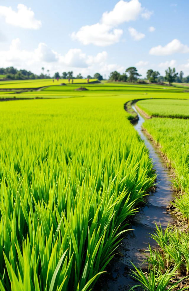 A lush, green rice paddy field reflecting the Program Percepatan Peningkatan Tata Guna Air Irigasi (P3-TGAI) for the year 2024