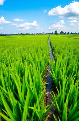 A lush, green rice paddy field reflecting the Program Percepatan Peningkatan Tata Guna Air Irigasi (P3-TGAI) for the year 2024