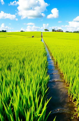 A lush, green rice paddy field reflecting the Program Percepatan Peningkatan Tata Guna Air Irigasi (P3-TGAI) for the year 2024