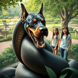 A gigantic python is illustrated in the process of devouring a frightened Doberman alive inside a zoo exhibit
