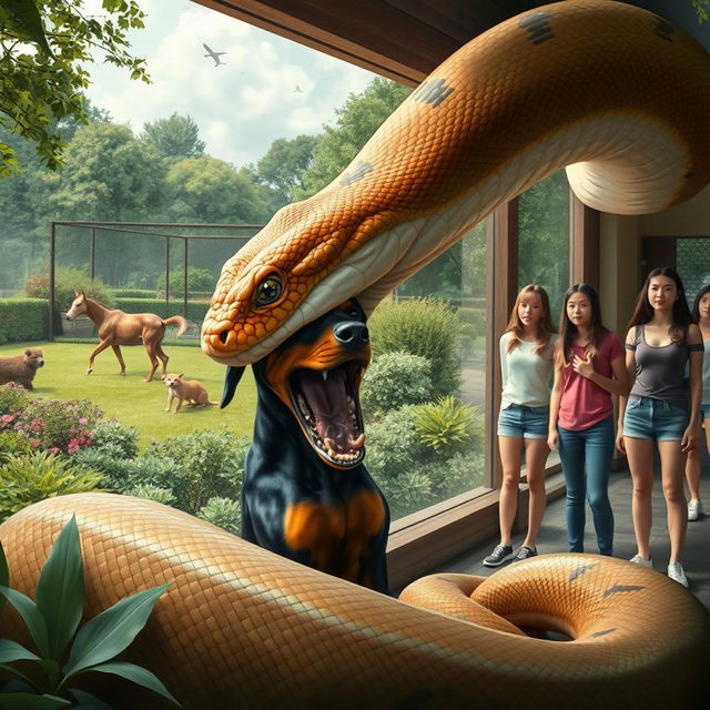 A gigantic python is illustrated in the process of devouring a frightened Doberman alive inside a zoo exhibit