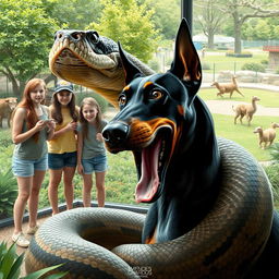 A gigantic python is illustrated in the process of devouring a frightened Doberman alive inside a zoo exhibit